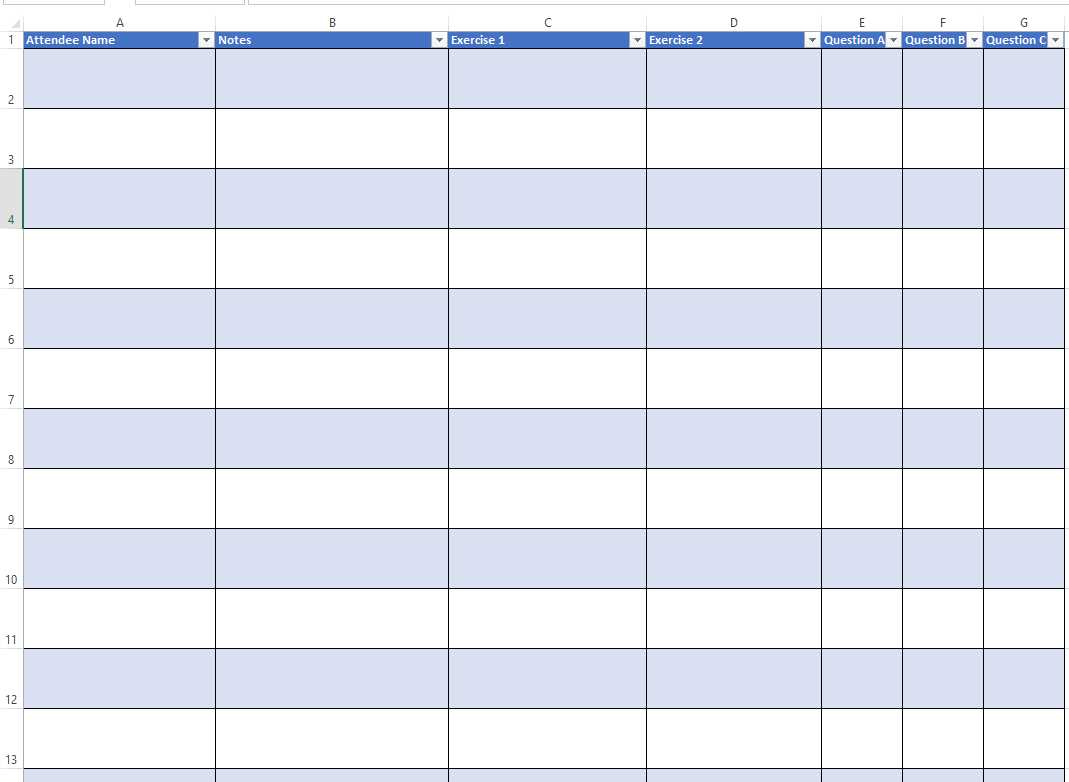 Sample Excel file with an empty list of attendees, with spaces for notes, exercises, and questions for each.