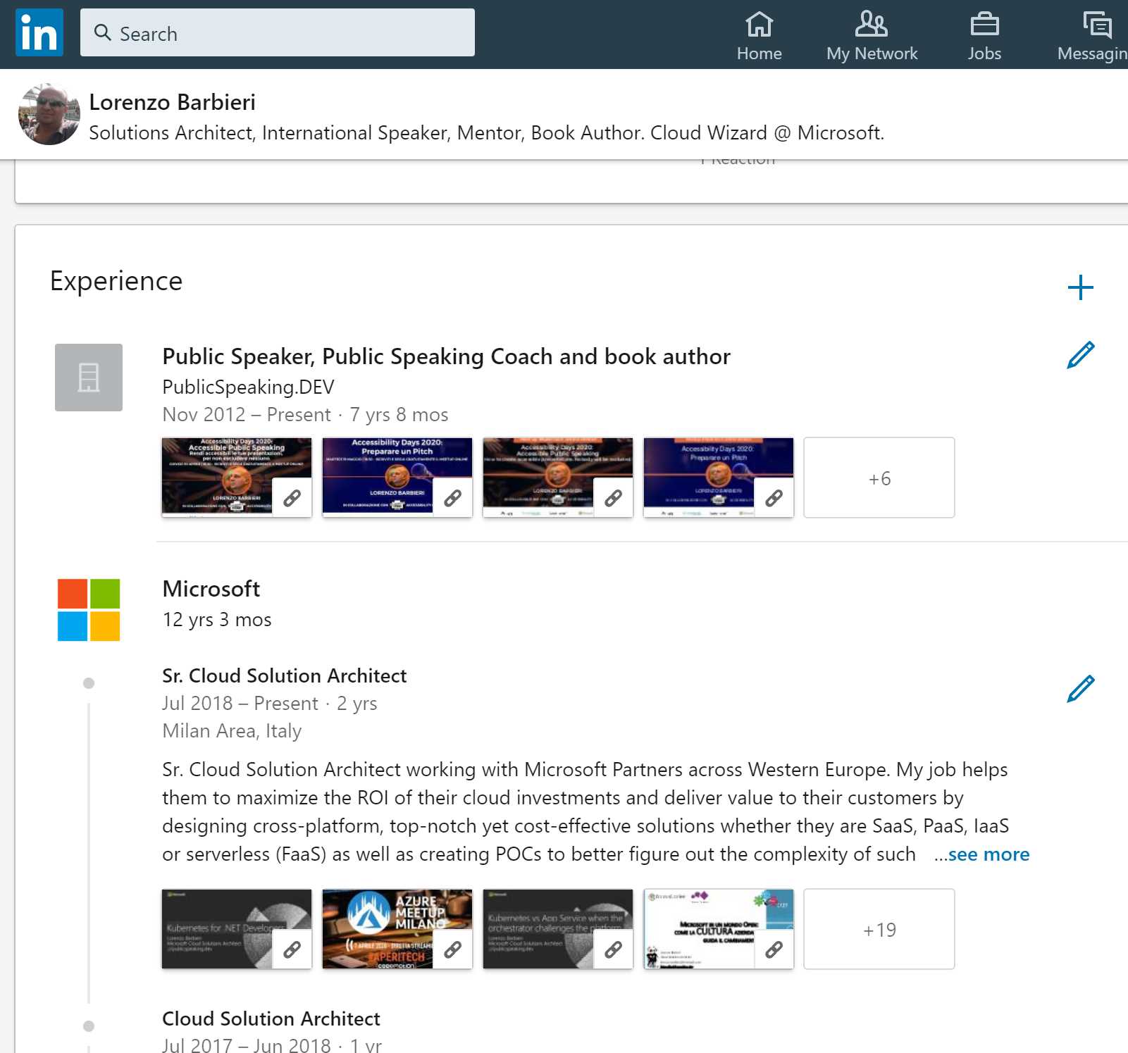 Sample LinkedIn profile with slides and videos.