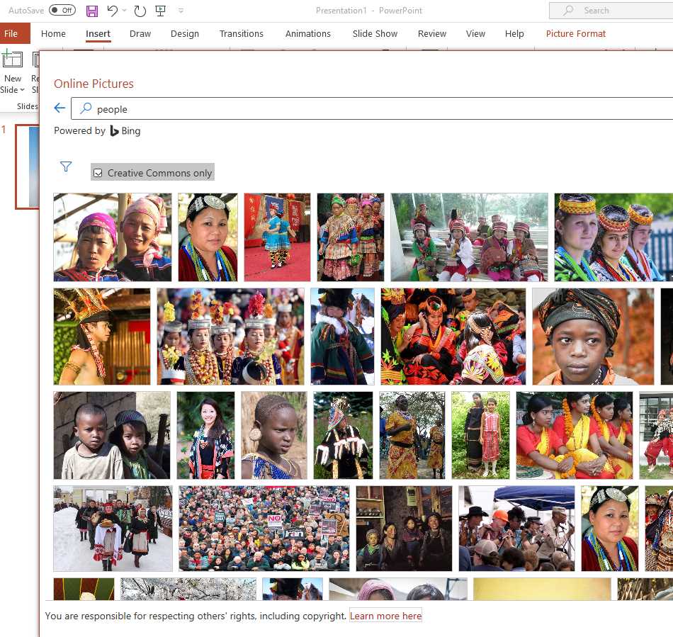 Searching for an image inline in PowerPoint.