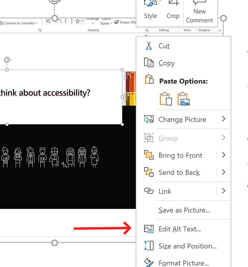 Setting the alt text directly from an object context menu.