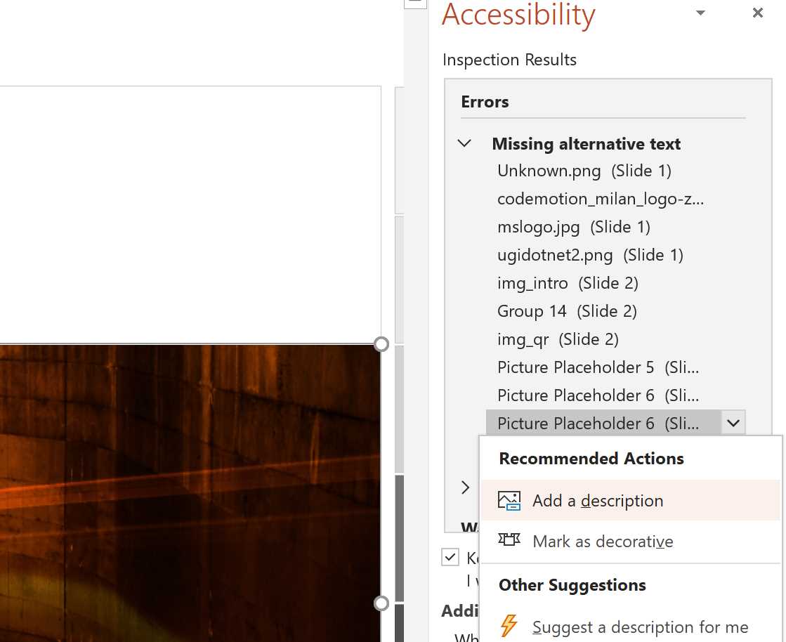 Setting the alt text from the Accessibility Checker.