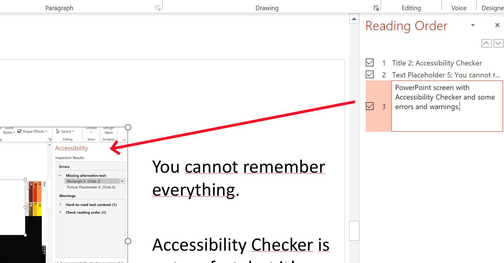 Setting the alternative text directly in the Reading Order pane.