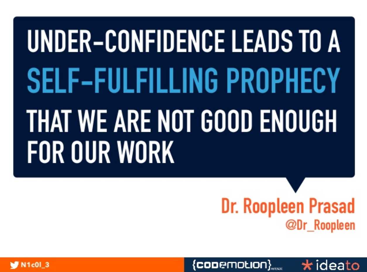 Slide from Nicole Bartolini's presentation at Codemotion Rome about anxiety and impostor syndrome.