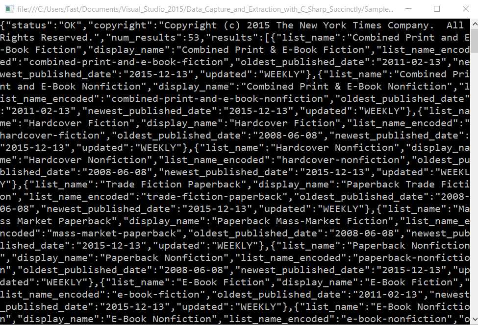 The NYT Best Seller Books List Names Result in Raw JSON.
