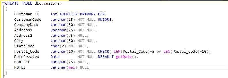 Create customer table