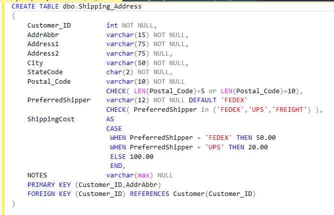 Create shipping address table