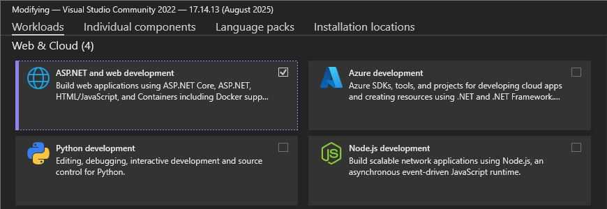 Add the ASP.NET and web development Workload