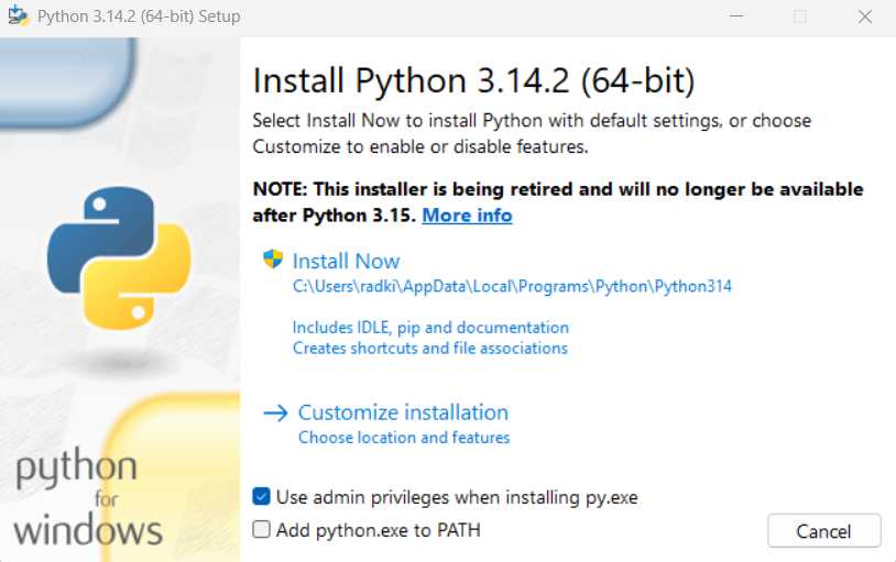Python 3.14.2 installer (main screen)