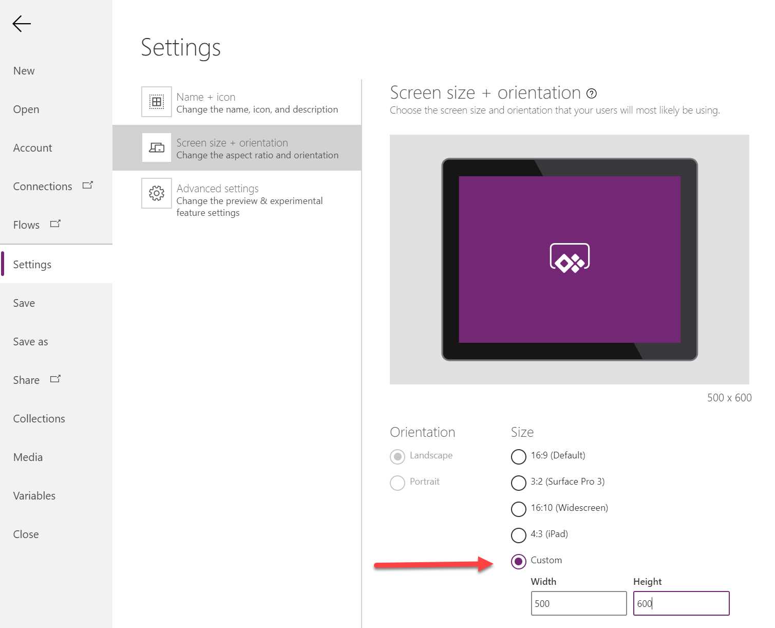 Adjust the screen size