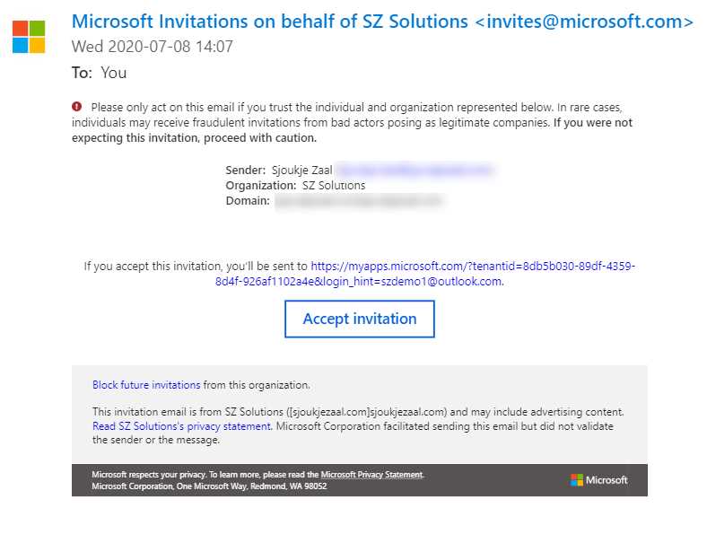 Example of an invitation for a guest user