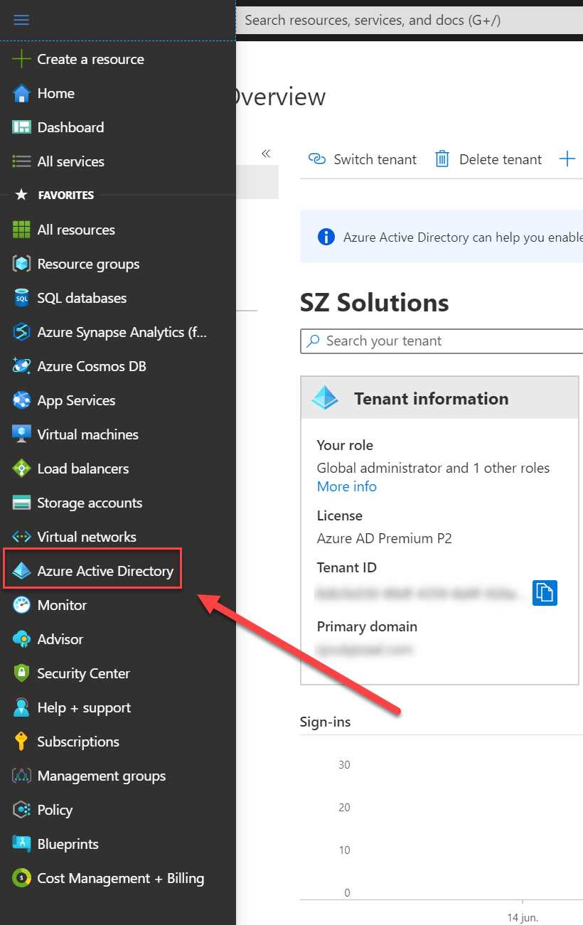 Left menu in Azure portal