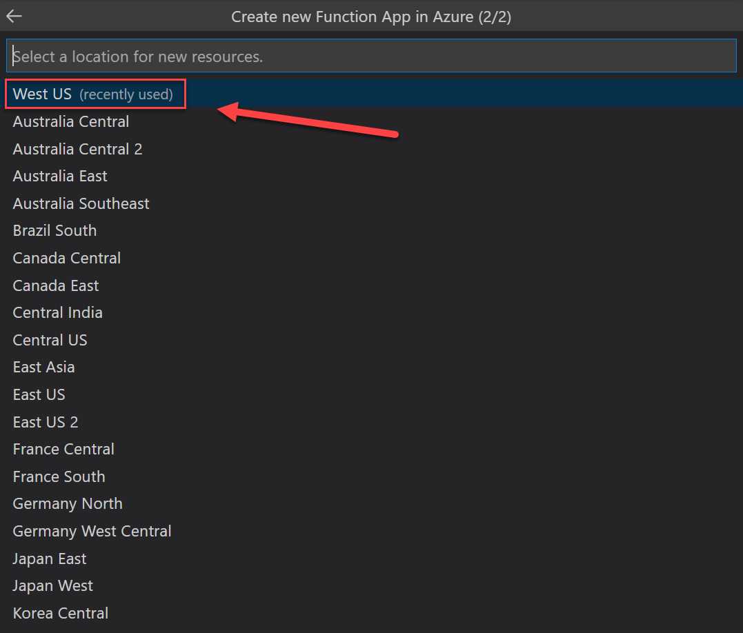 Pick the region in Azure