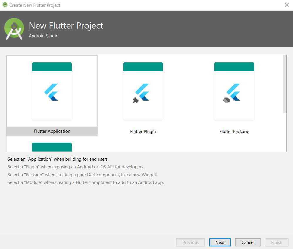 Create new Flutter project option (step 1)