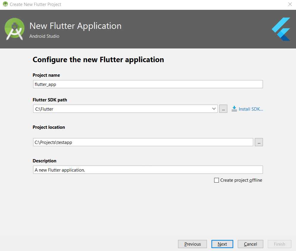 Create new Flutter project option (step 2)