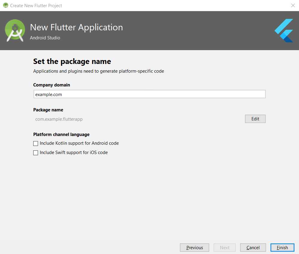 Create new Flutter project option (step 3)