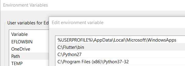 Flutter added to the Path variable in Windows