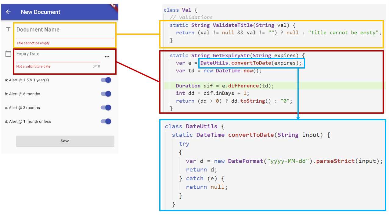 Interconnection between the document entry screen and utils.dart code