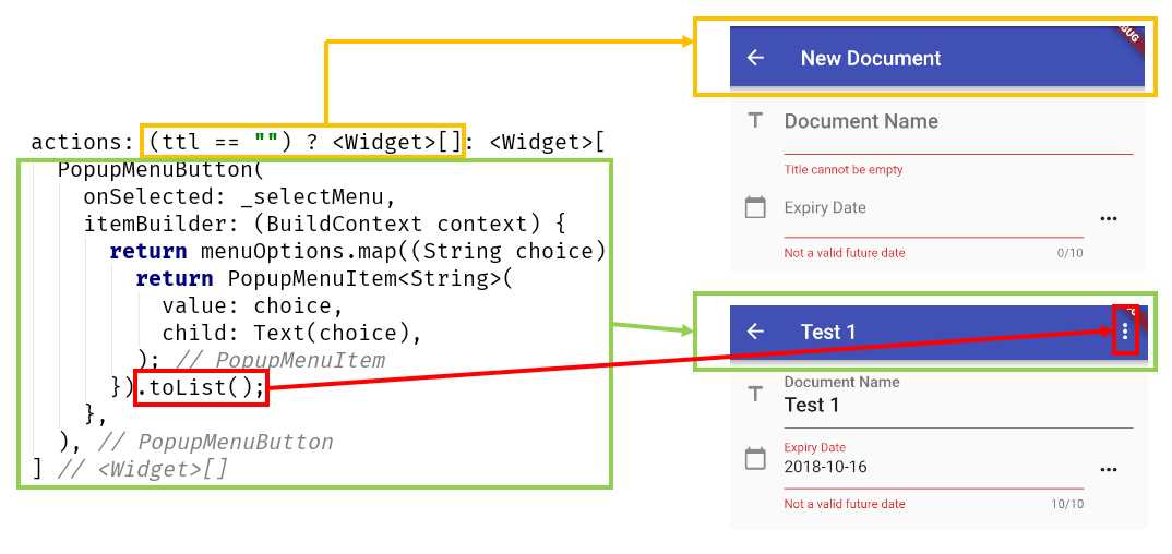 The appBar actions property