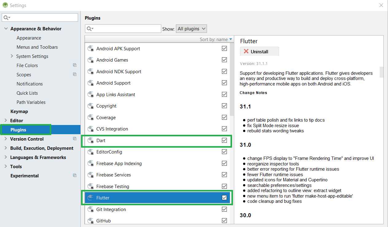 The Dart and Flutter plugins installed on Android Studio