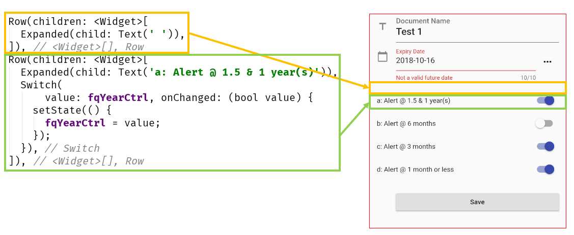 The empty row and first alert field—Document Details screen