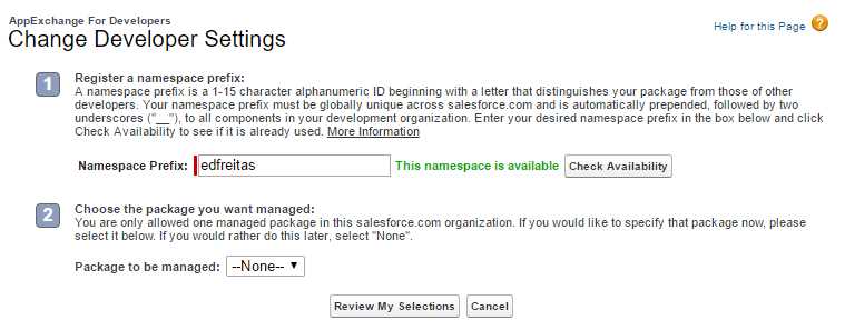 Change Developer Settings (Namespace Prefix)