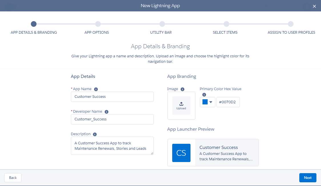 Lightning Experience App Wizard (APP DETAILS & BRANDING)