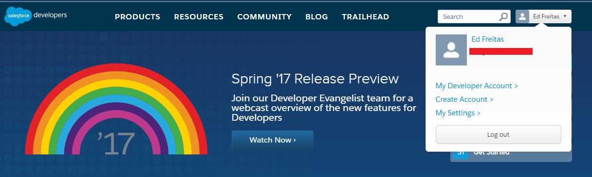 Logged in to the Force.com Developers Page