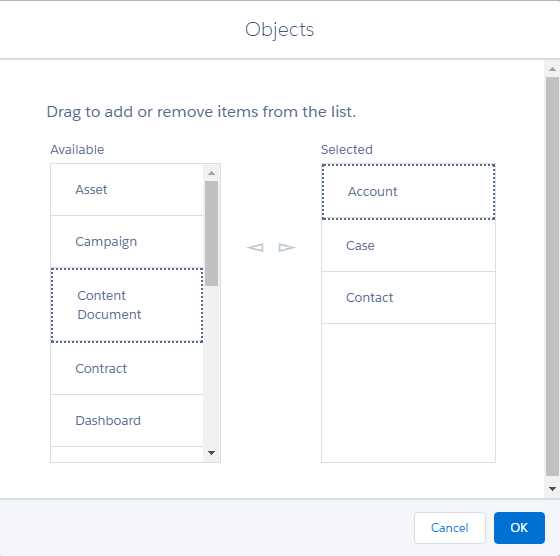 Selecting Objects for the Recent Items List