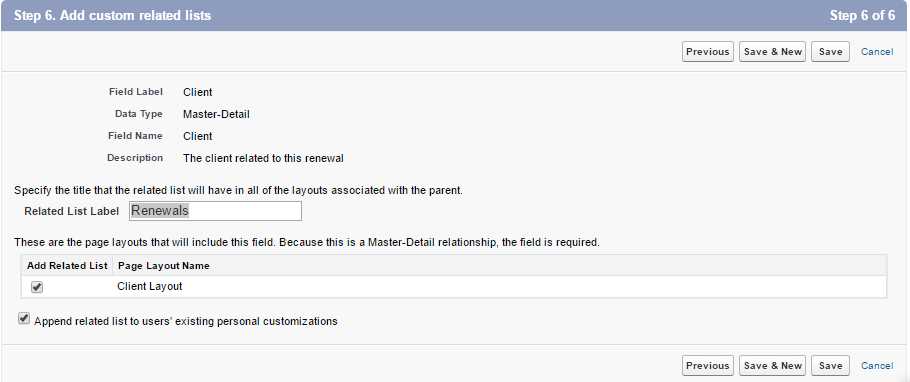 The Add Custom Related Lists Screen
