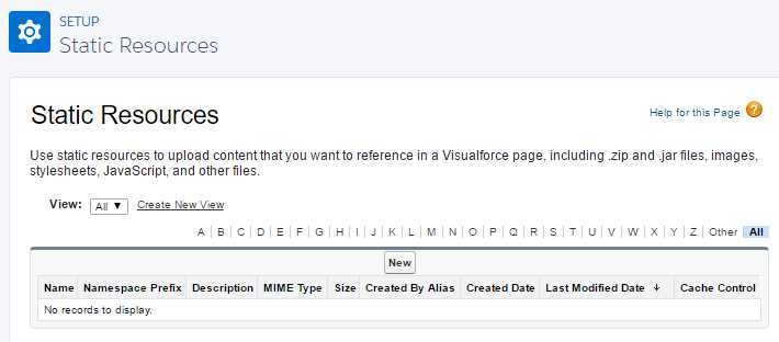 The Static Resources Main Setup Page