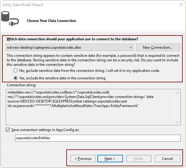 Entity Data Model Wizard Displaying the Connection String