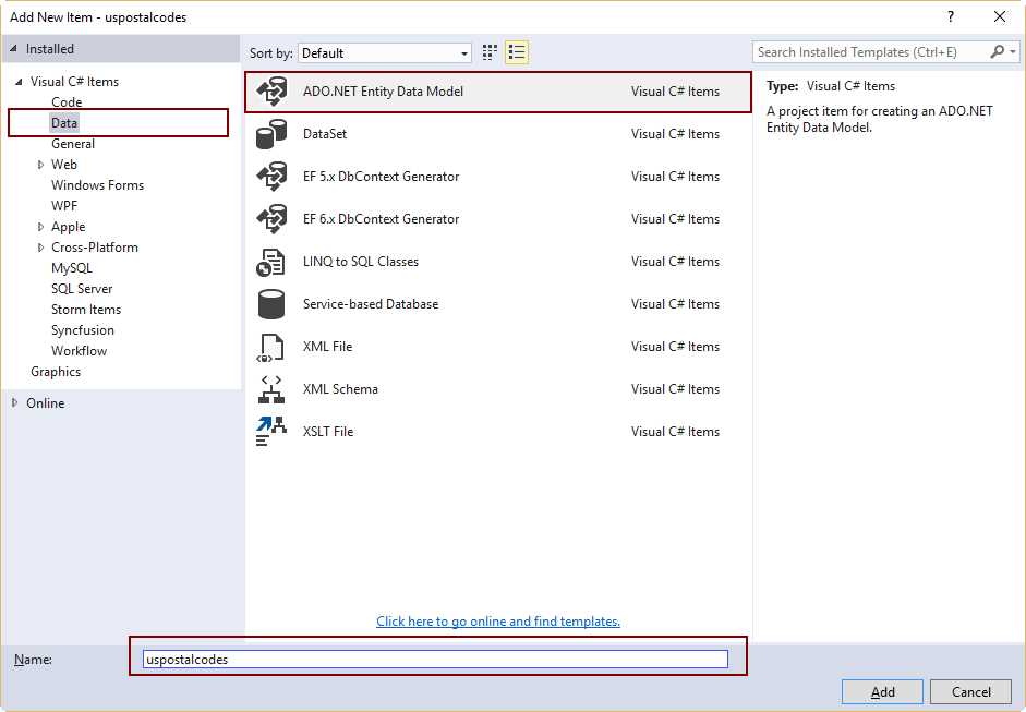 The Add New Item Dialog Box