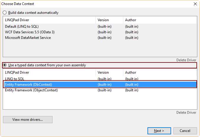 The Choose Data Context Dialog Settings to Query an Entity Framework Model