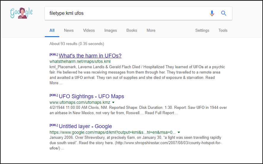 Searching for KML files using Google.