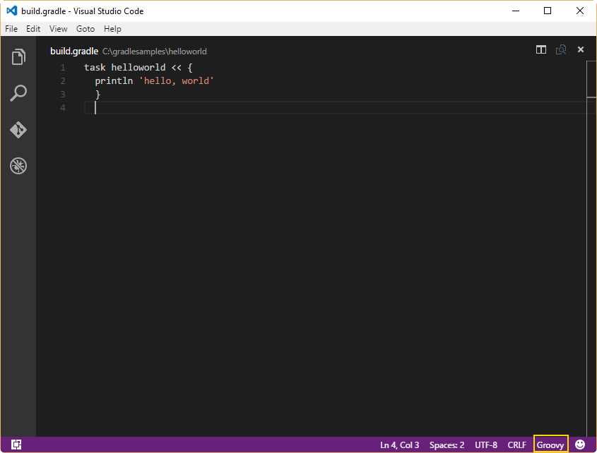 \gradlesamples\helloworld\build.gradle being edited with Visual Studio Code