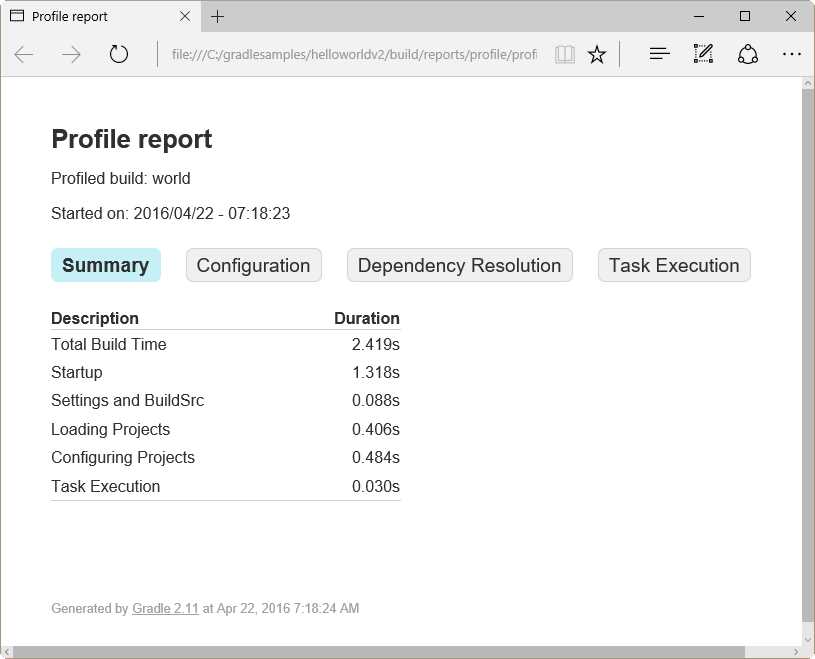 Profile report example for helloworldv2 build script