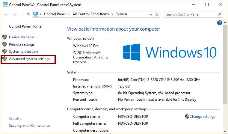 The System Control Panel Window