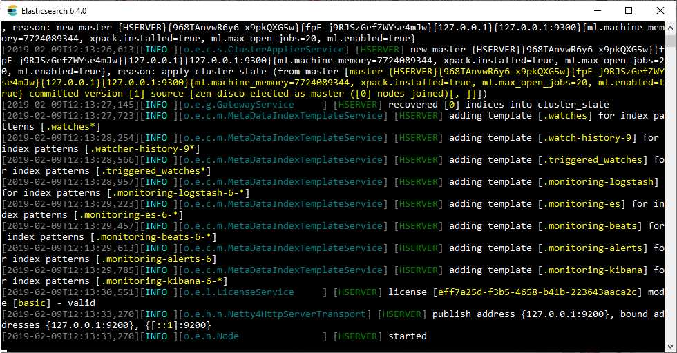 Elasticsearch started in Microsoft Windows