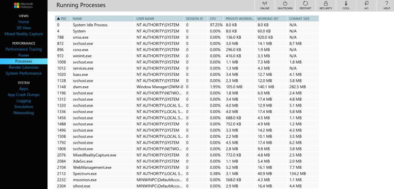 Processes in the HoloLens Device Portal