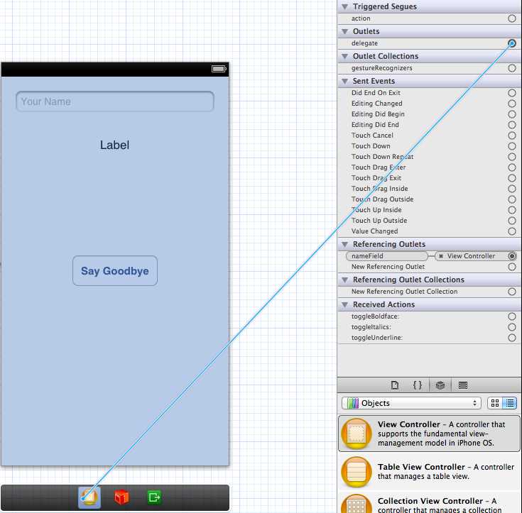 Creating a delegate connection from the Text Field to the View Controller