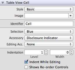 The Attributes inspector for the prototype table cell