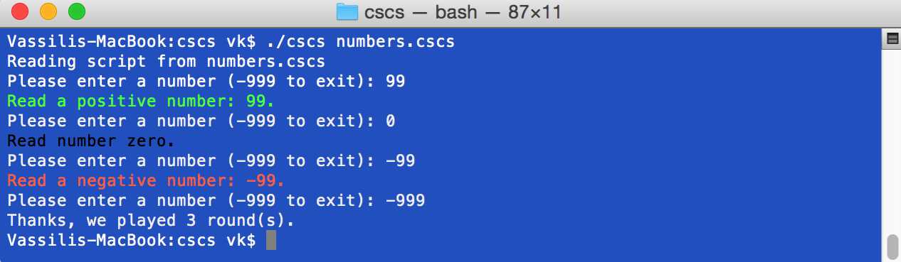 Sample run of the numbers.cscs script