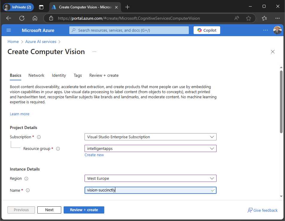 Creating a new Computer Vision service