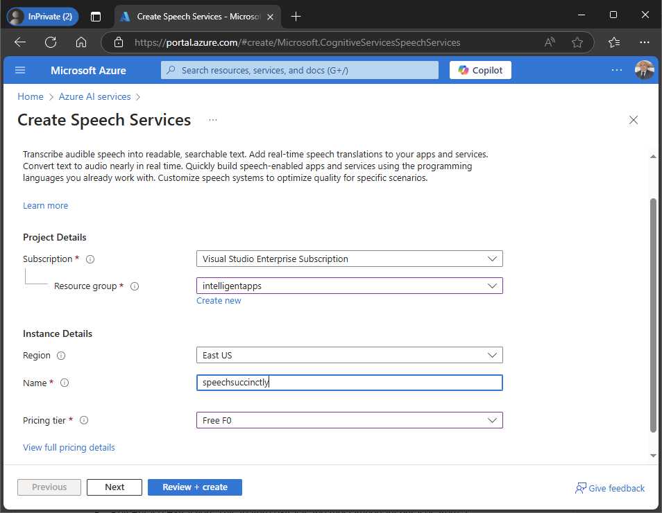 Creating and configuring the Speech Services