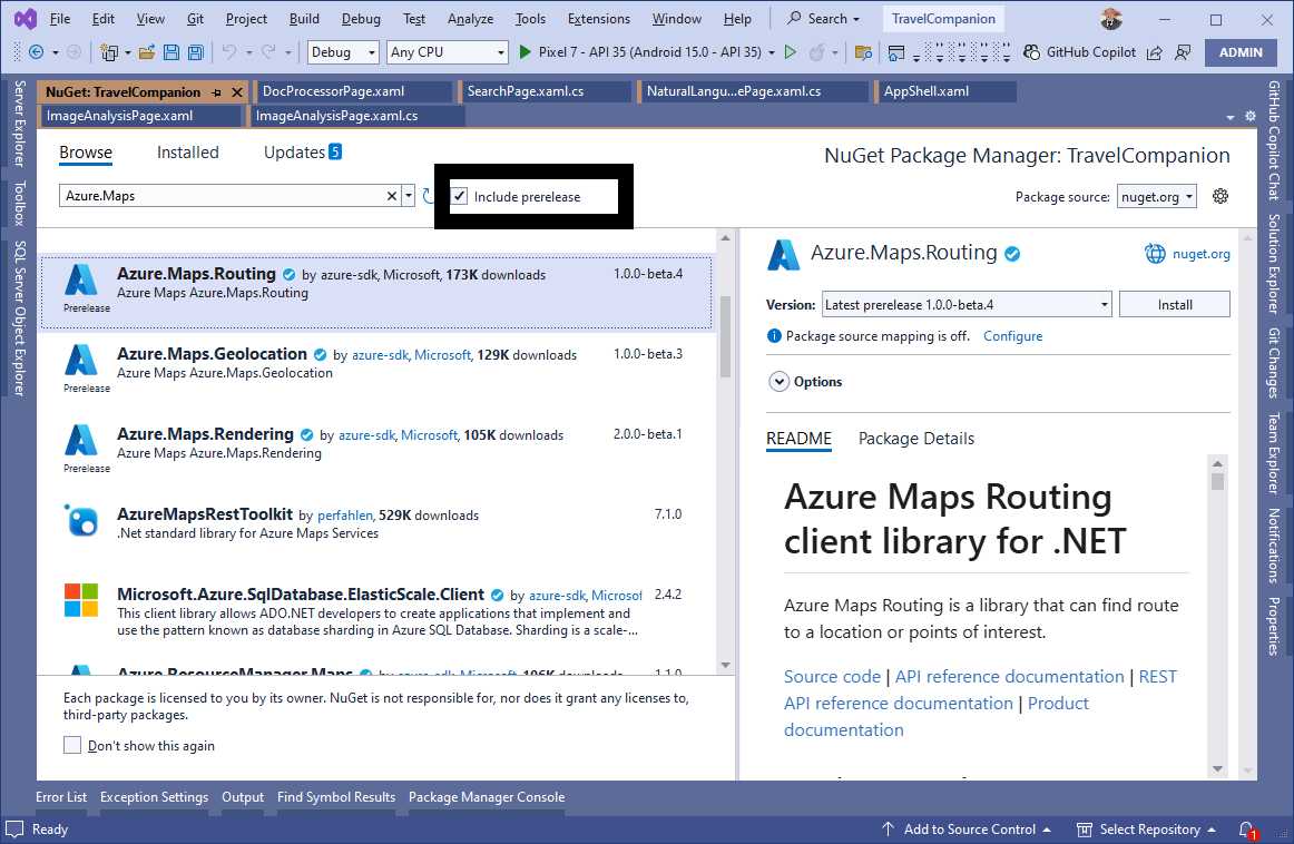 Installing the Azure.Maps.Routing NuGet package