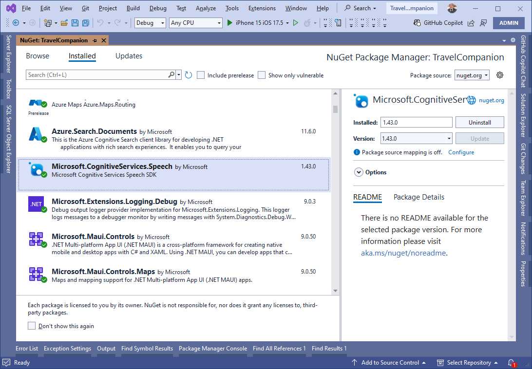 Installing the NuGet package for Speech Services