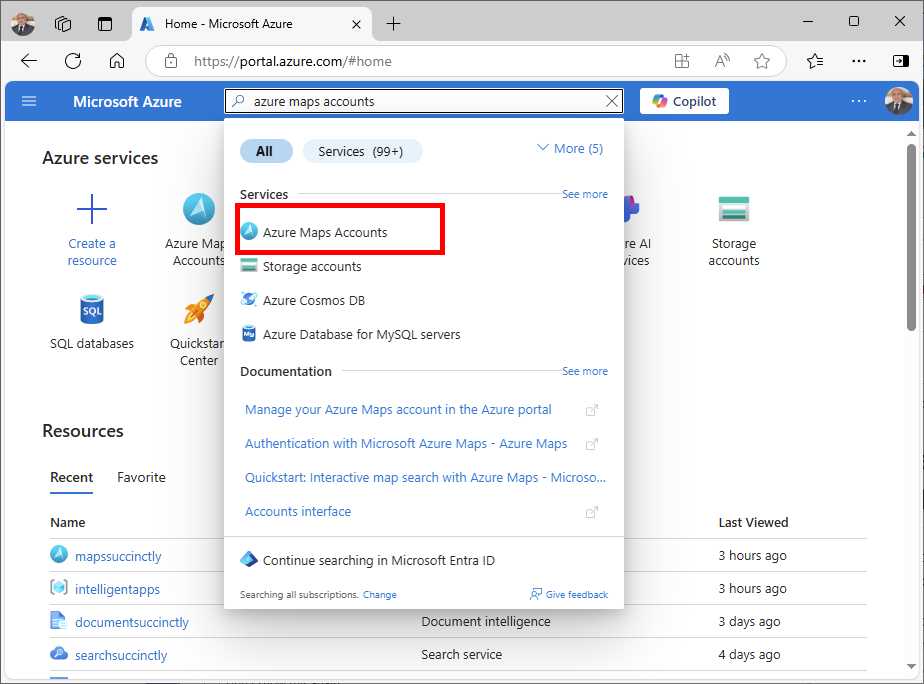 Locating the Azure Maps Accounts service