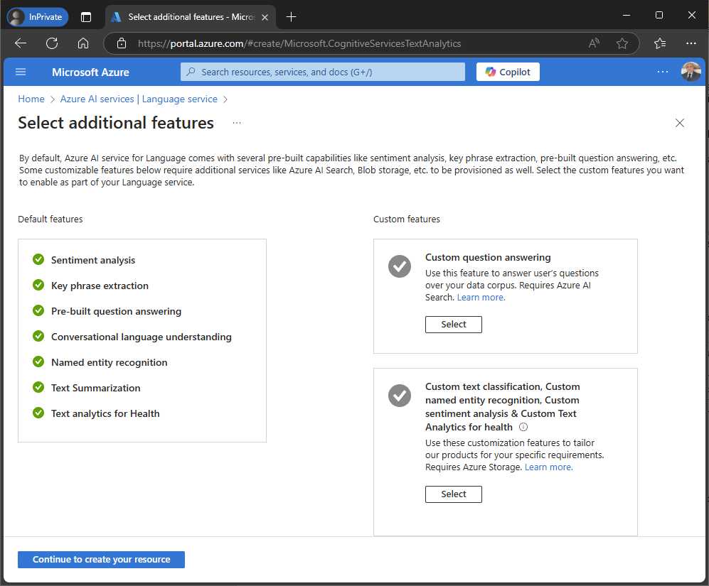 Options to add custom features to the AI Language service