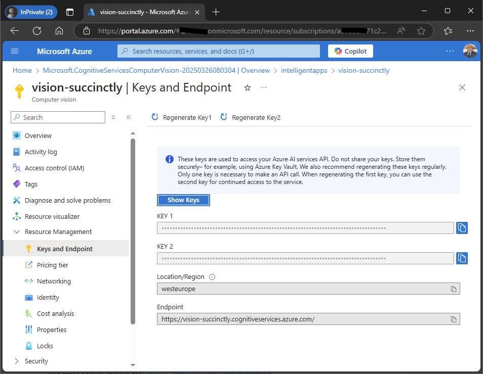 Retrieving API keys and service endpoint