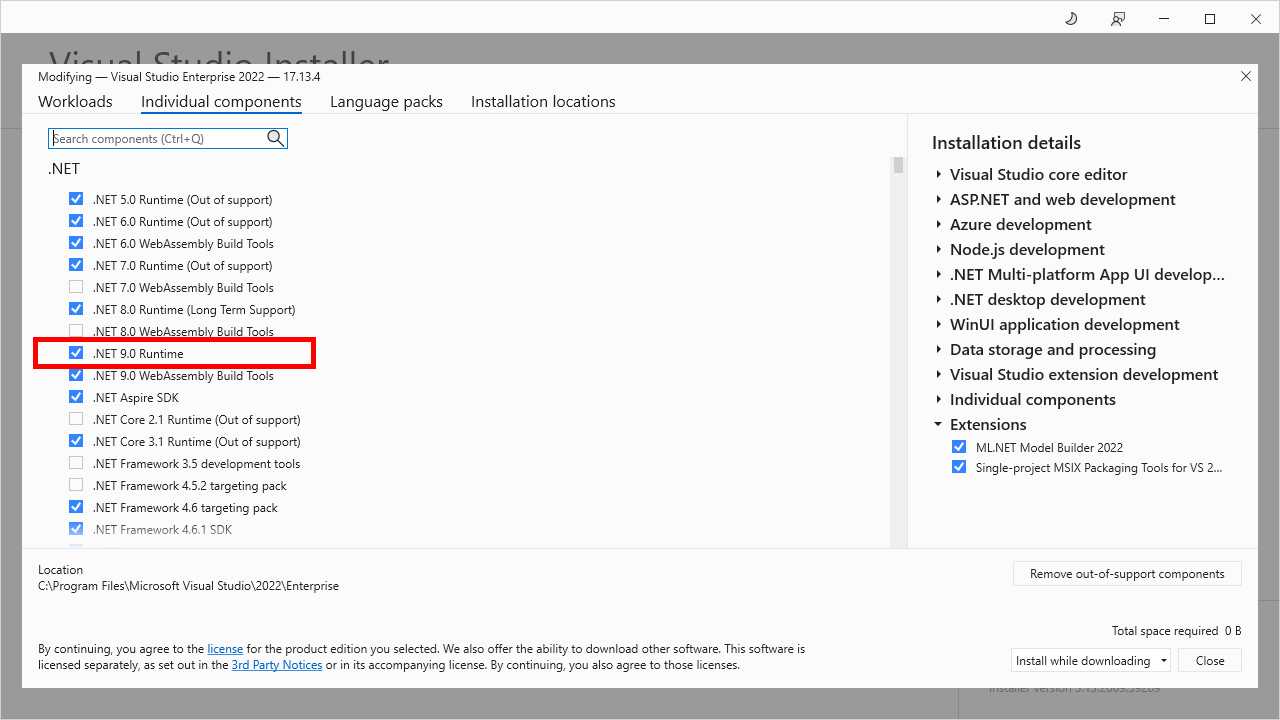 Selecting the .NET 9 runtime